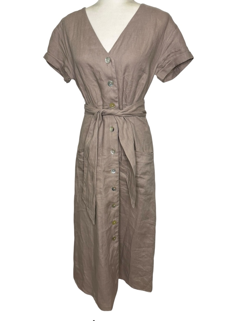 Rachel Zoe 100% Linen Button-Front Midi Dress with Tie Waist Taupe Brown Size XS